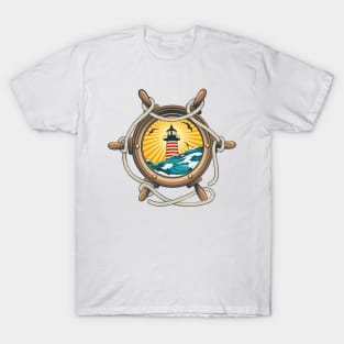 Steering Ship Wheel with Lighthouse Inside T-Shirt